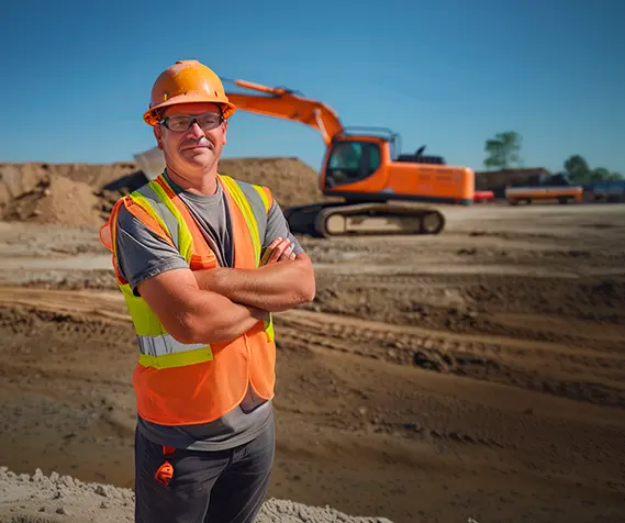 Construction worker in safety gear with excavator at construction site